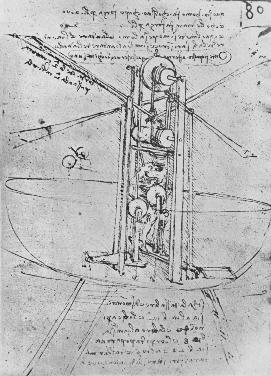 Tegning af en flyvende maskine med en mand, der betjener den, c1480 1945 af Leonardo da Vinci