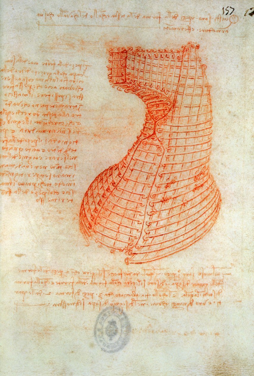 Tegning af støbestøbeformen til Sforza-hestens hoved, Fol. 57 (recto), fra Codex Madrid I, c.1491-93 (pen og brunt blæk på papir) af Leonardo da Vinci