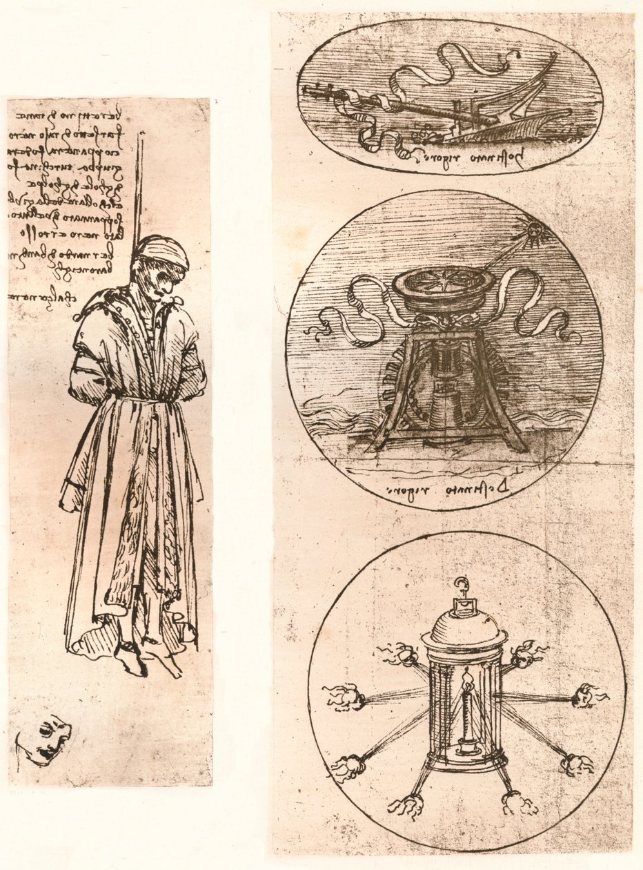 Tegninger af Bernardo di Bandino Baroncelli hængt, og emblemer, c1472-c1519 1883. af Leonardo da Vinci