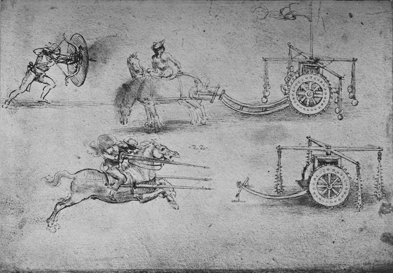 Tegninger af vogne bevæbnet med slagler, af en bueskytte med et skjold, c1480, 1945 af Leonardo da Vinci