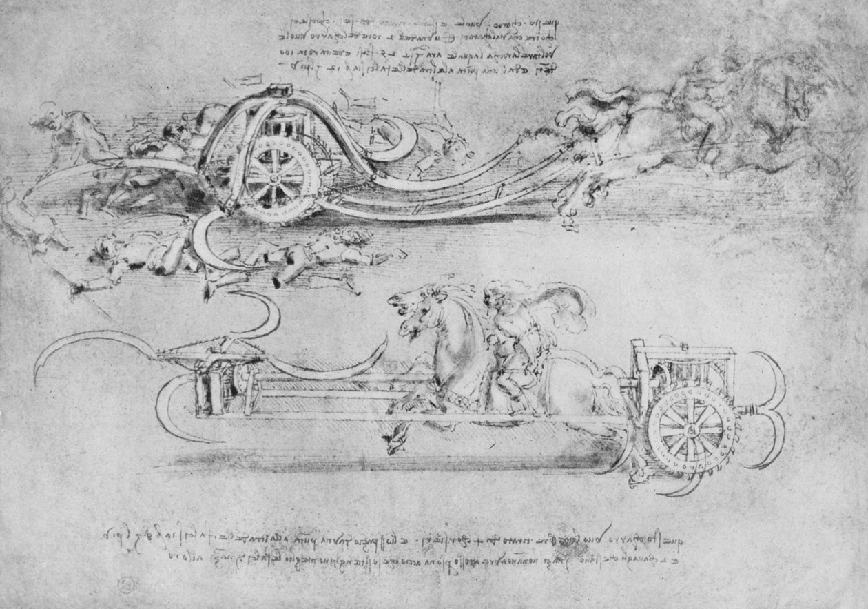 Tegninger af to typer vogne bevæbnet med le, c1480 1945 af Leonardo da Vinci