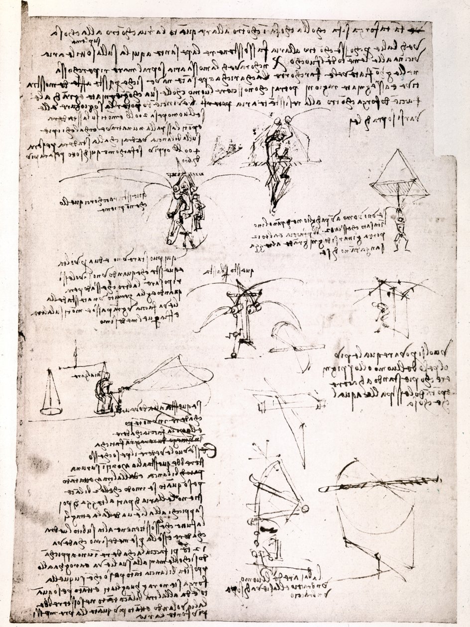 Uddrag af et Da Vinci-manuskript: Originalt manuskript, der beskriver princippet og konstruktionen af en "faldskærm" (manuskript) af Leonardo da Vinci