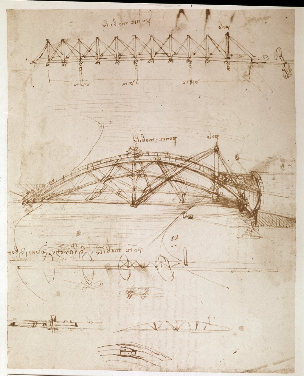 Uddrag af et Da Vinci-manuskript, der beskriver konstruktionen af en "revolverende bro" (manuskript) af Leonardo da Vinci