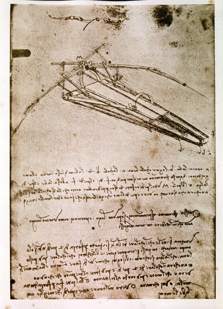 Uddrag af et Da Vinci-manuskript, der beskriver princippet og konstruktionen af en "flyvende maskine" (manuskript) af Leonardo da Vinci