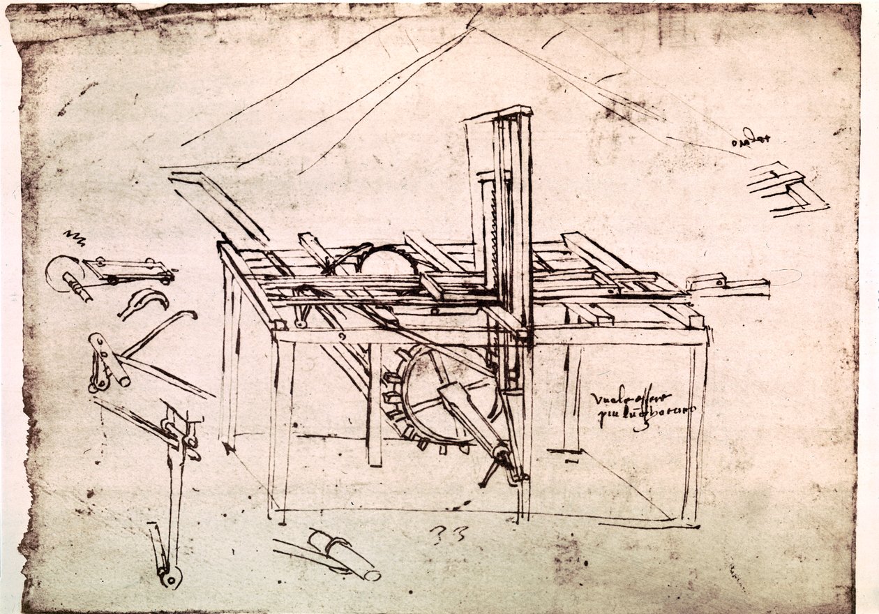Uddrag af et Da Vinci-manuskript, der beskriver princippet og konstruktionen af en "hydraulisk sav med automatisk fremføring" (manuskript) af Leonardo da Vinci