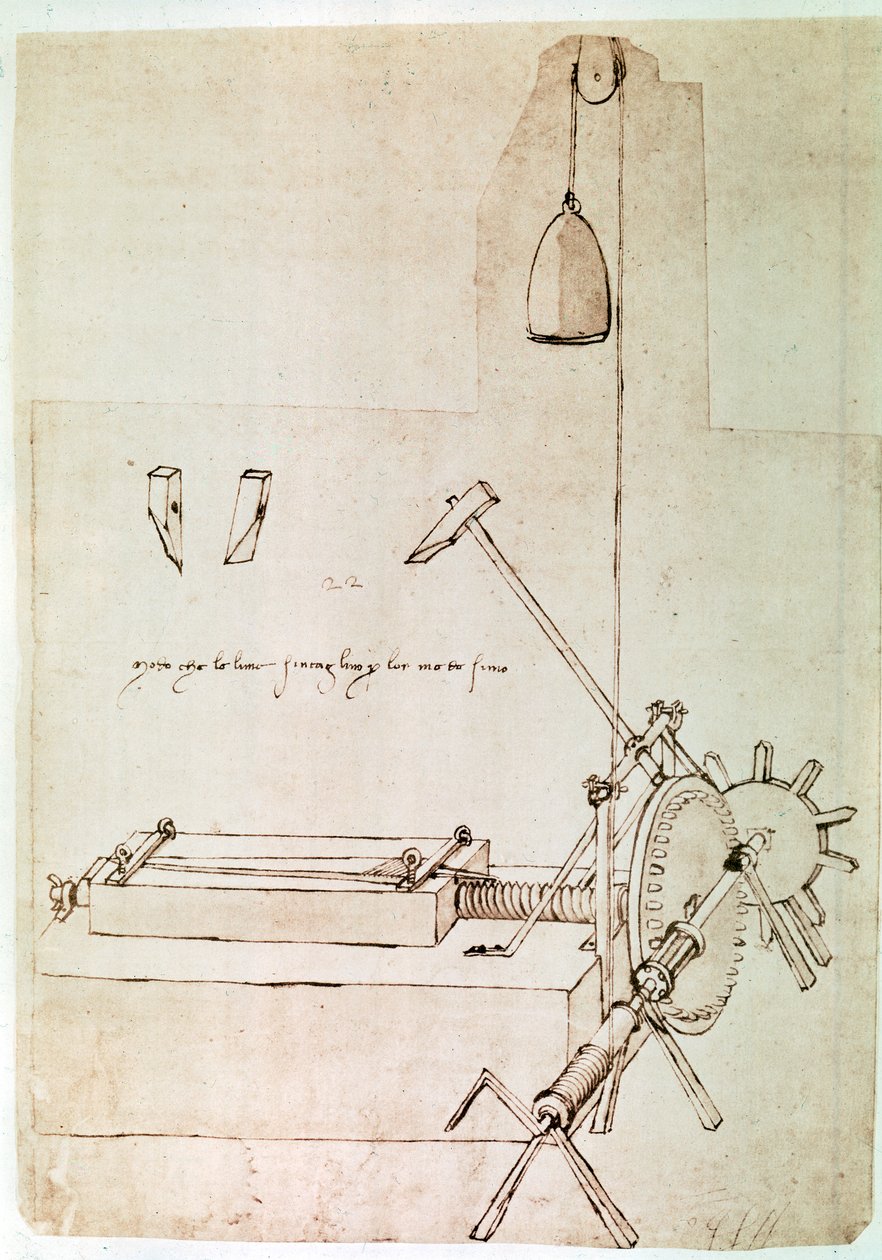 Uddrag af et Da Vinci-manuskript, der beskriver princippet og konstruktionen af en "maskine til indrykning af filer" (manuskript) af Leonardo da Vinci