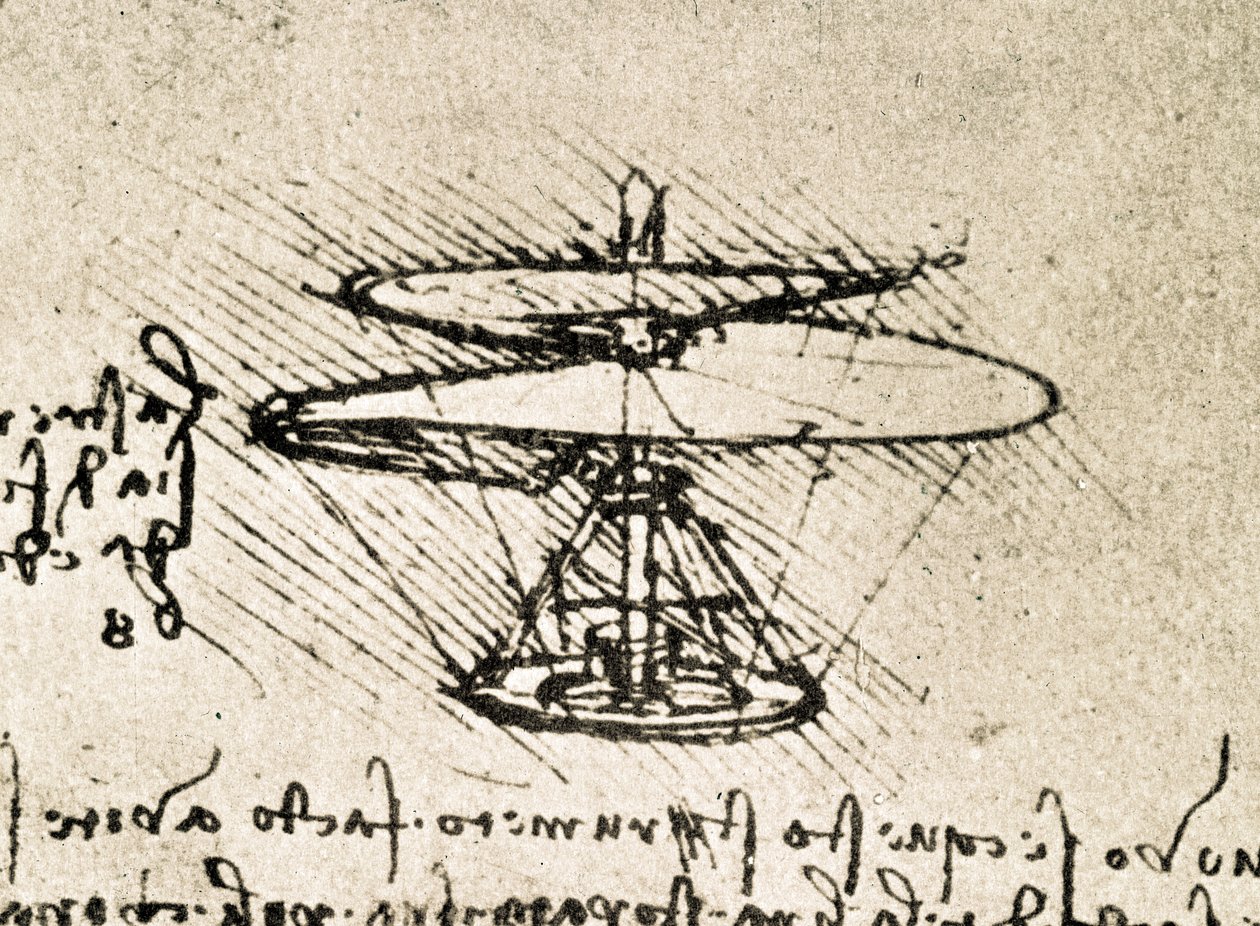 Uddrag af et Da Vinci-manuskript, der beskriver princippet og konstruktionen af "Aerial Screw (Helicopter)" (manuskript) af Leonardo da Vinci