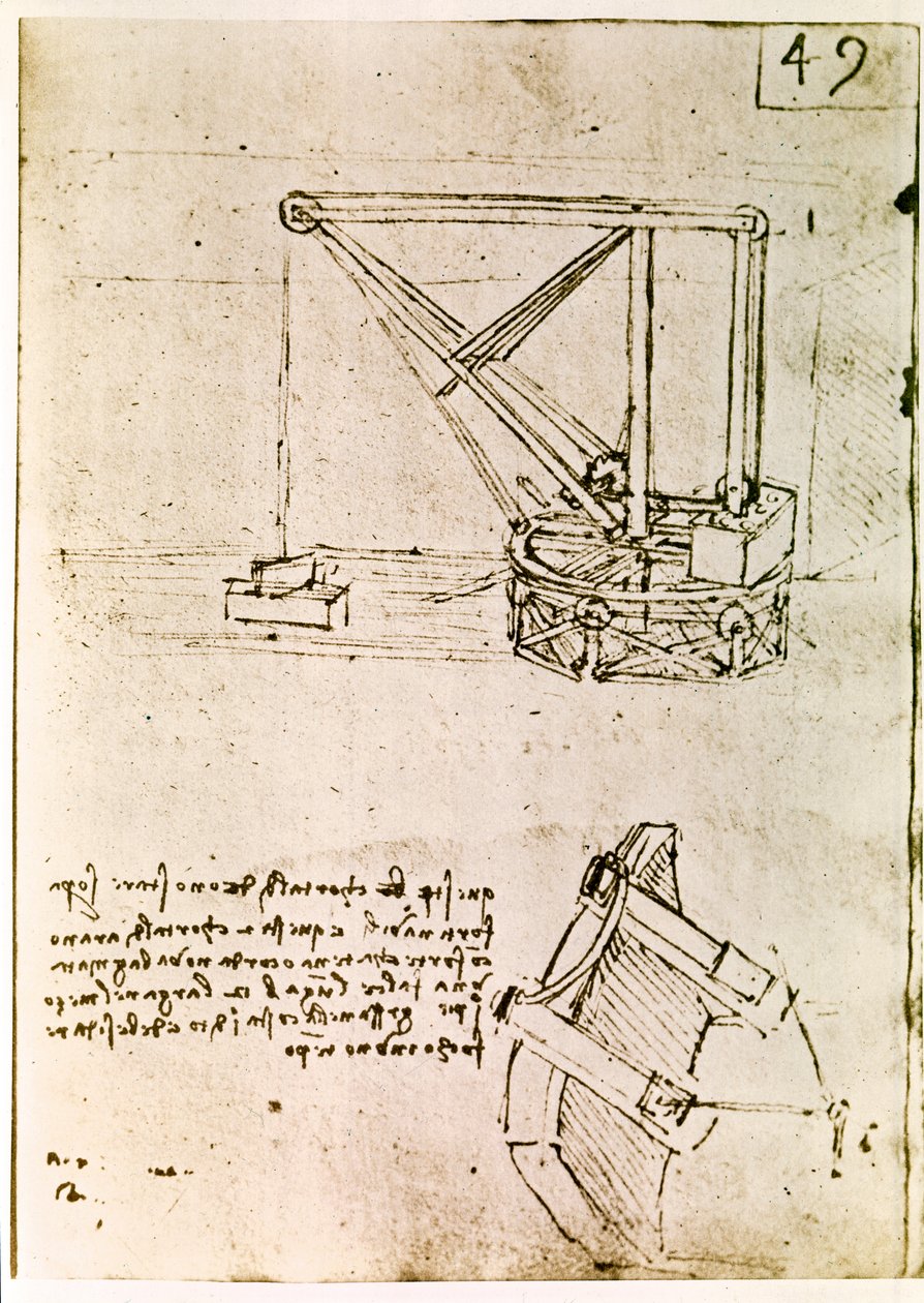 Uddrag af et Da Vinci-manuskript, der beskriver princippet og konstruktionen af en "roterende kran" (manuskript) af Leonardo da Vinci