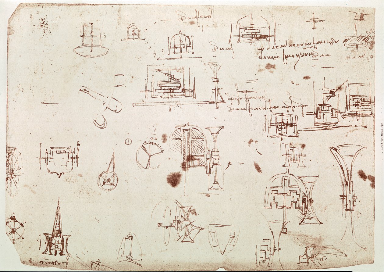 Uddrag af et Da Vinci-manuskript, der beskriver princippet og konstruktionen af en "båd med fremdrift ved hjælp af hjul" (manuskript) af Leonardo da Vinci