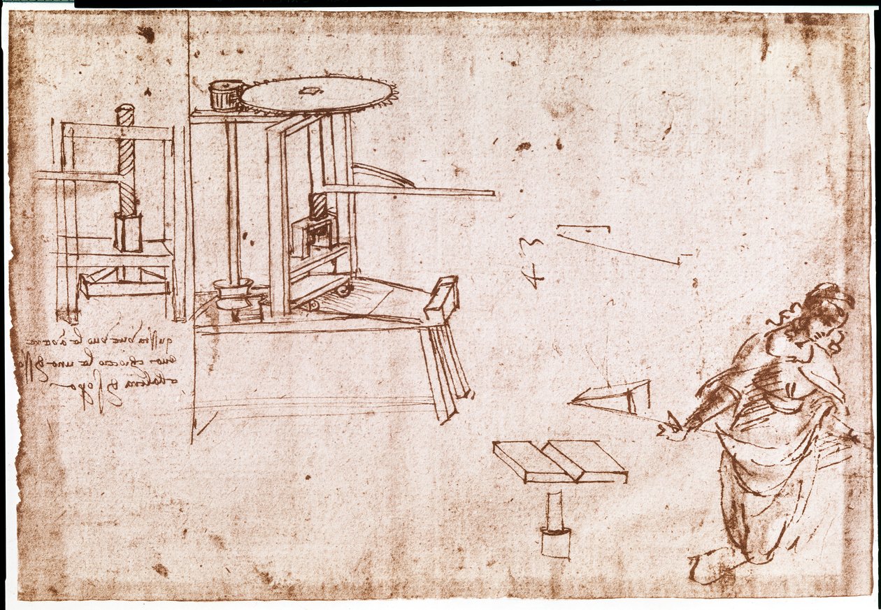 Uddrag af et Da Vinci-manuskript, der beskriver princippet og konstruktionen af en "pressemaskine" til trykning (manuskript) af Leonardo da Vinci