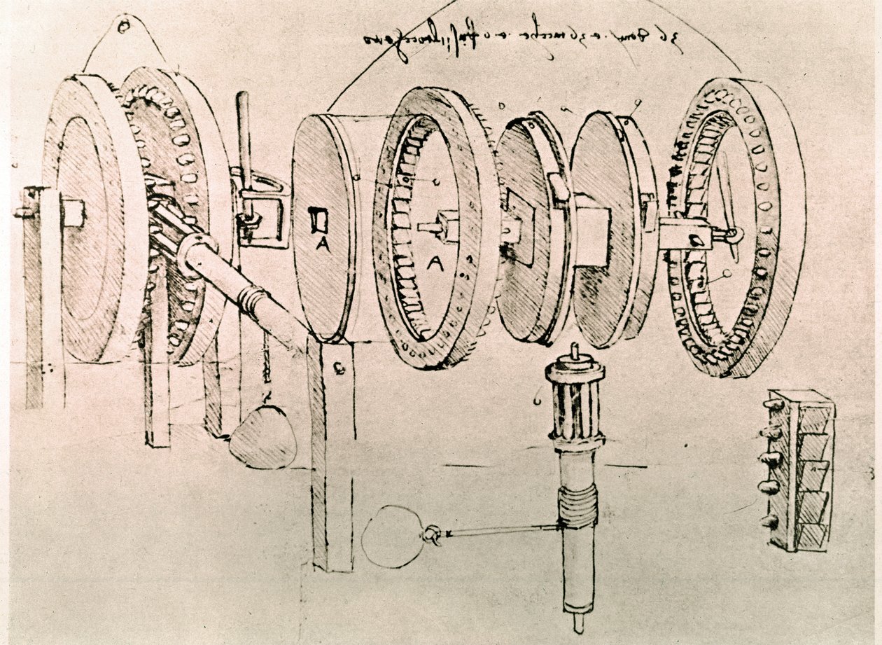 Uddrag af et Da Vinci-manuskript, der beskriver princippet og konstruktionen af "Transformation of Alternate Motion into Continuous Motion" (manuskript) af Leonardo da Vinci