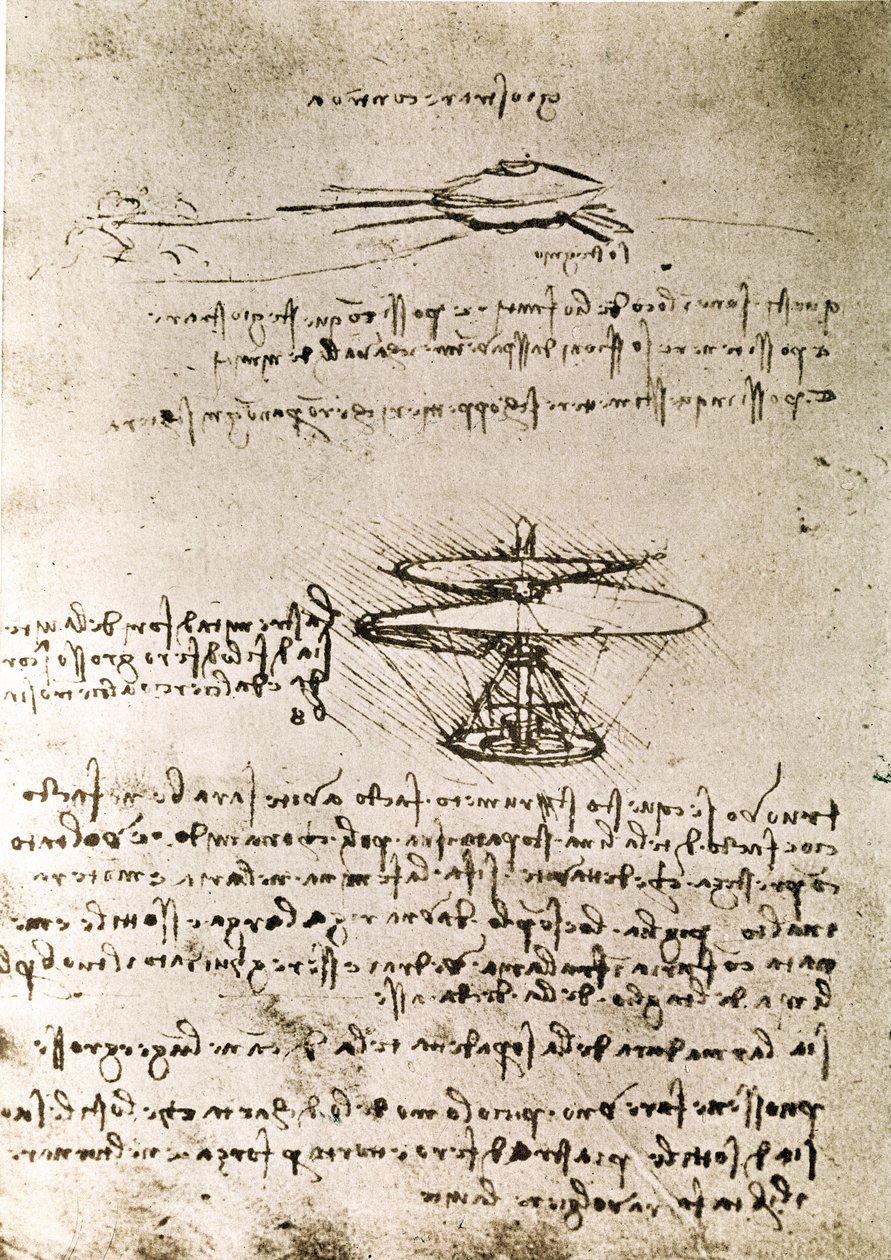 Uddrag af et Da Vinci-manuskript, der beskriver princippet og konstruktionen af "Aerial Screw (Helicopter)" (manuskript) af Leonardo da Vinci