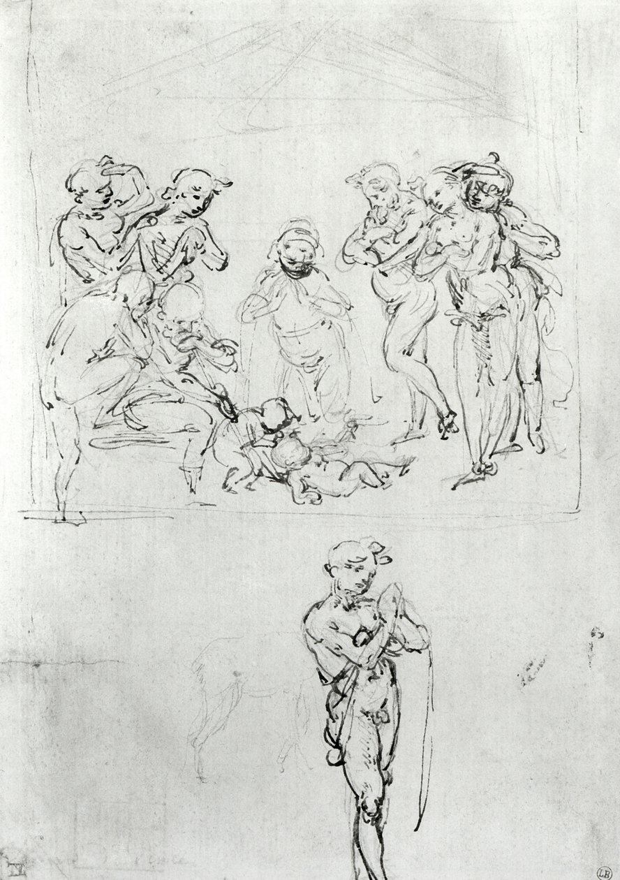 Figural Studies for the Adoration of the Magi, c.1481 (pen og blæk og metalpoint på papir) af Leonardo da Vinci