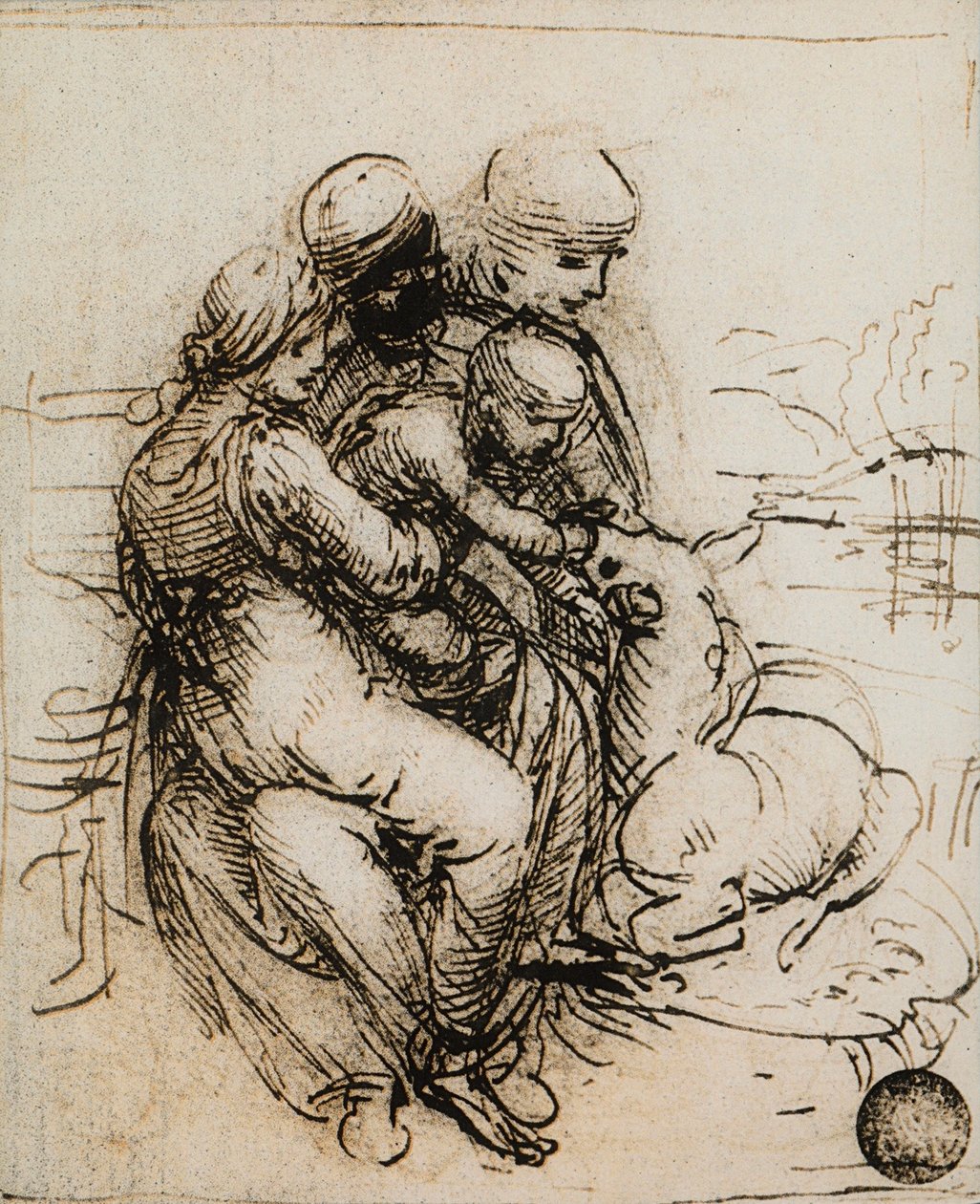 Første idé til Madonna og Child og Saint Ann; tegning af Leonardo da Vinci. Gallerie dell