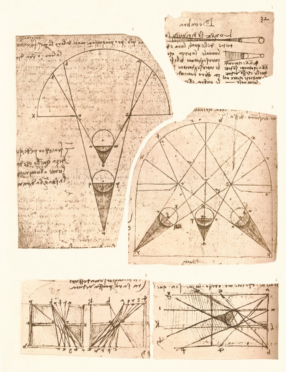 Fem diagrammer, der illustrerer teorien om lys og skygge, c1472-c1519 1883 af Leonardo da Vinci