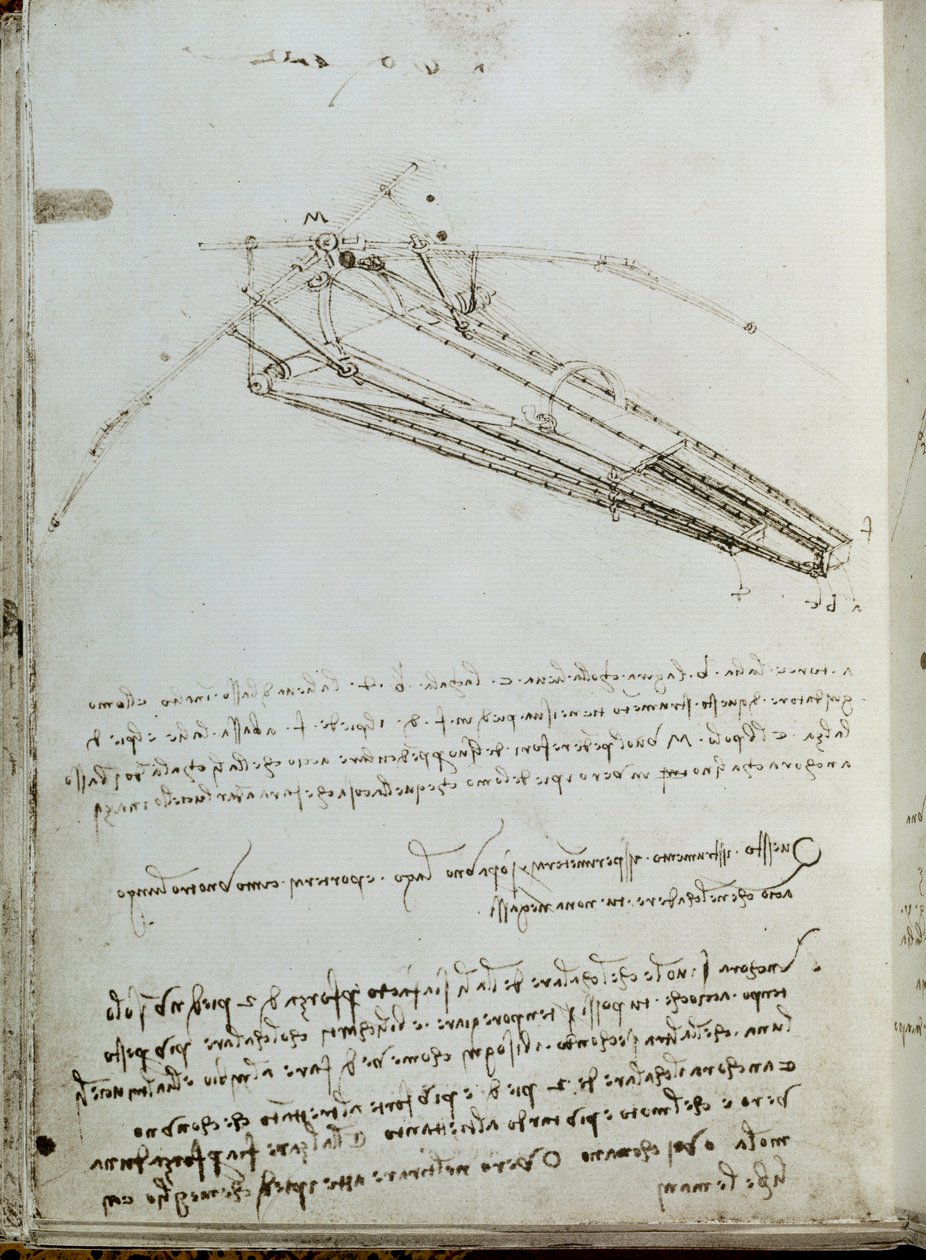 Flyvende maskine tegning. Manuskript af Leonard De Vinci (Leonardo da Vinci af Leonardo da Vinci