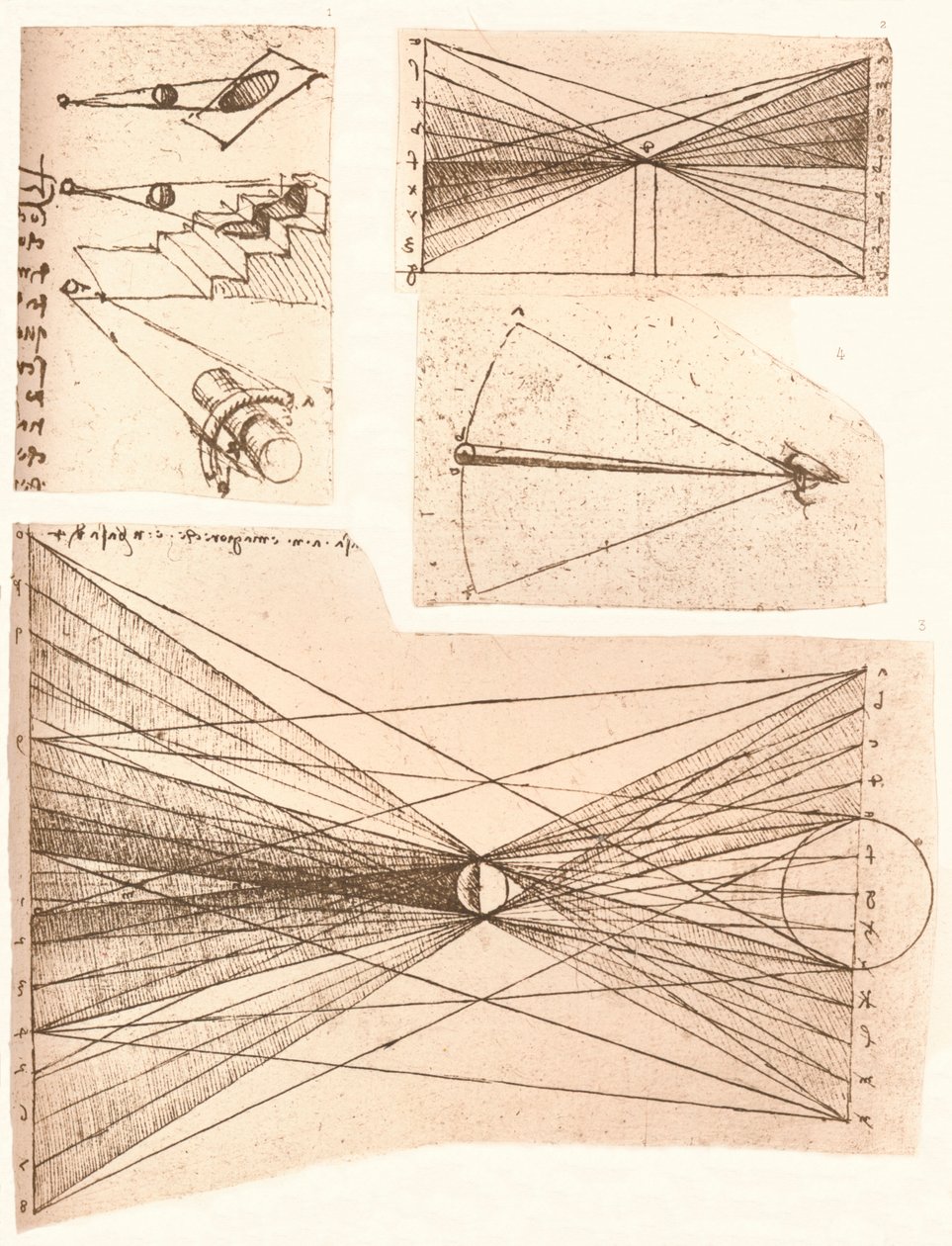 Fire diagrammer, der illustrerer teorien om lys og skygge, c1472-c1519 1883. af Leonardo da Vinci