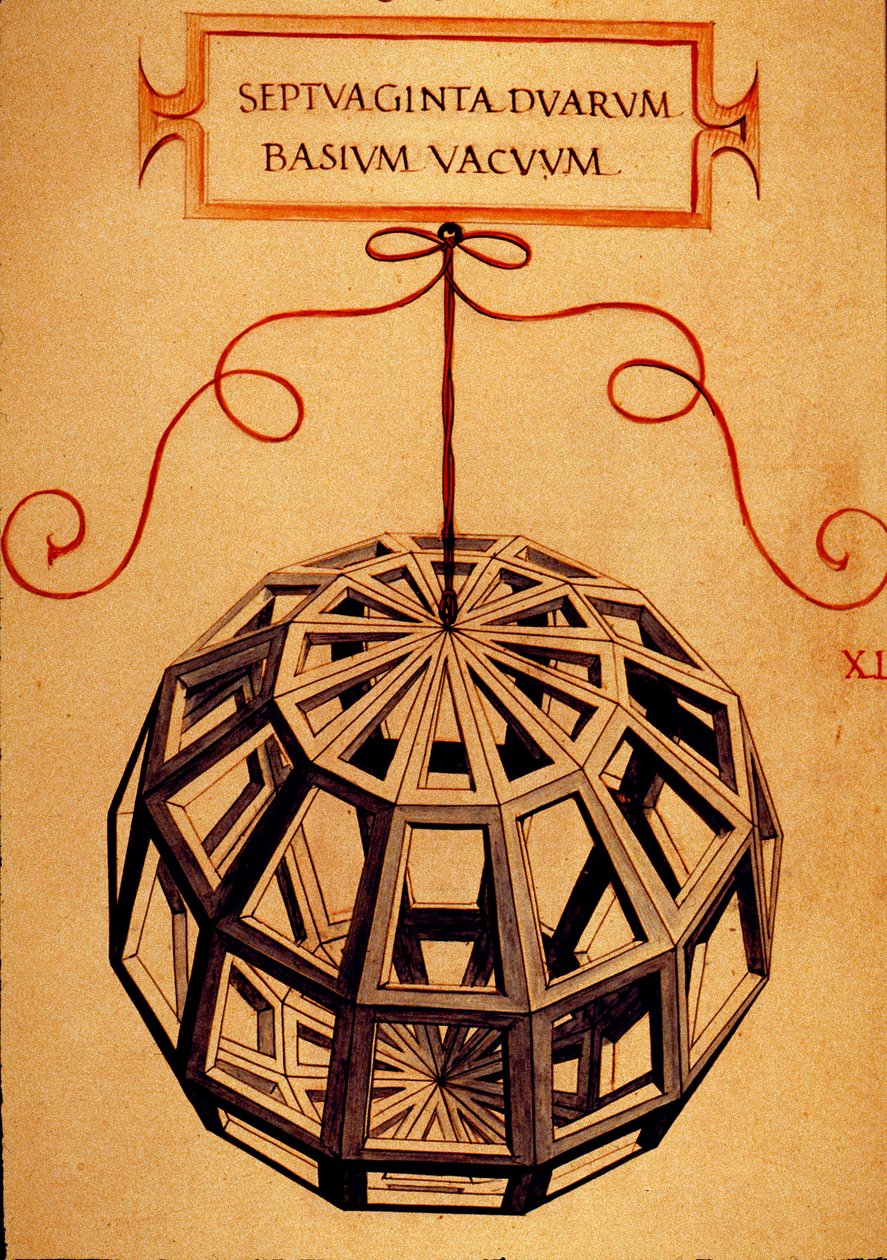 Geometri: "" Et polyeder"" Side taget fra manuskriptet "" De divina proportione"" (Om guddommelige proportioner) af matematikeren Fra Luca Pacioli dit Luca di Borgo (1445-1517) illustreret af Leonardo da Vinci (1452-1519). 1509. af Leonardo da Vinci