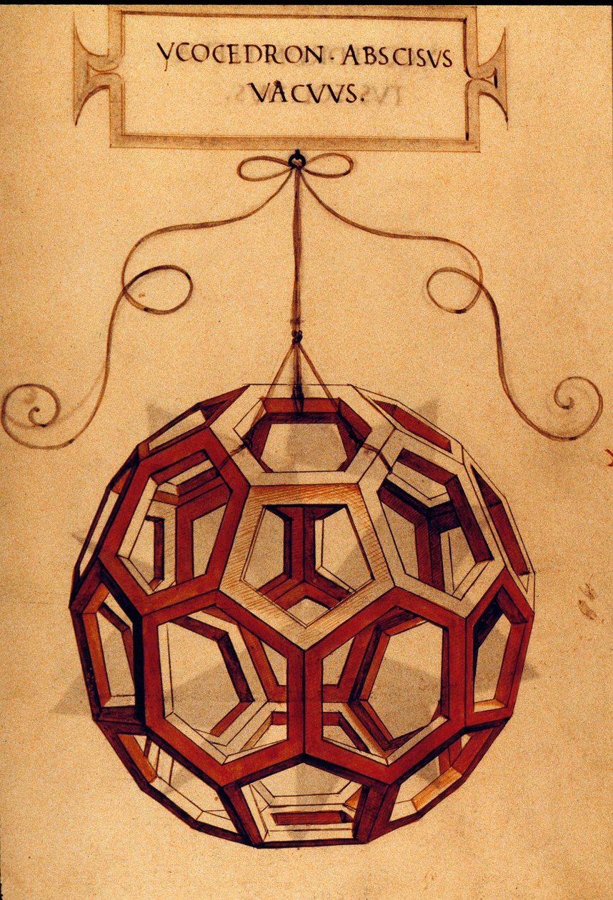 Geometri: "" An Icosahedron"" Side taget fra manuskriptet "" De divina proportione"" (Om guddommelige proportioner) af matematikeren Fra Luca Pacioli dit Luca di Borgo (1445-1517) illustreret af Leonardo da Vinci (1452-1519). 1509. af Leonardo da Vinci