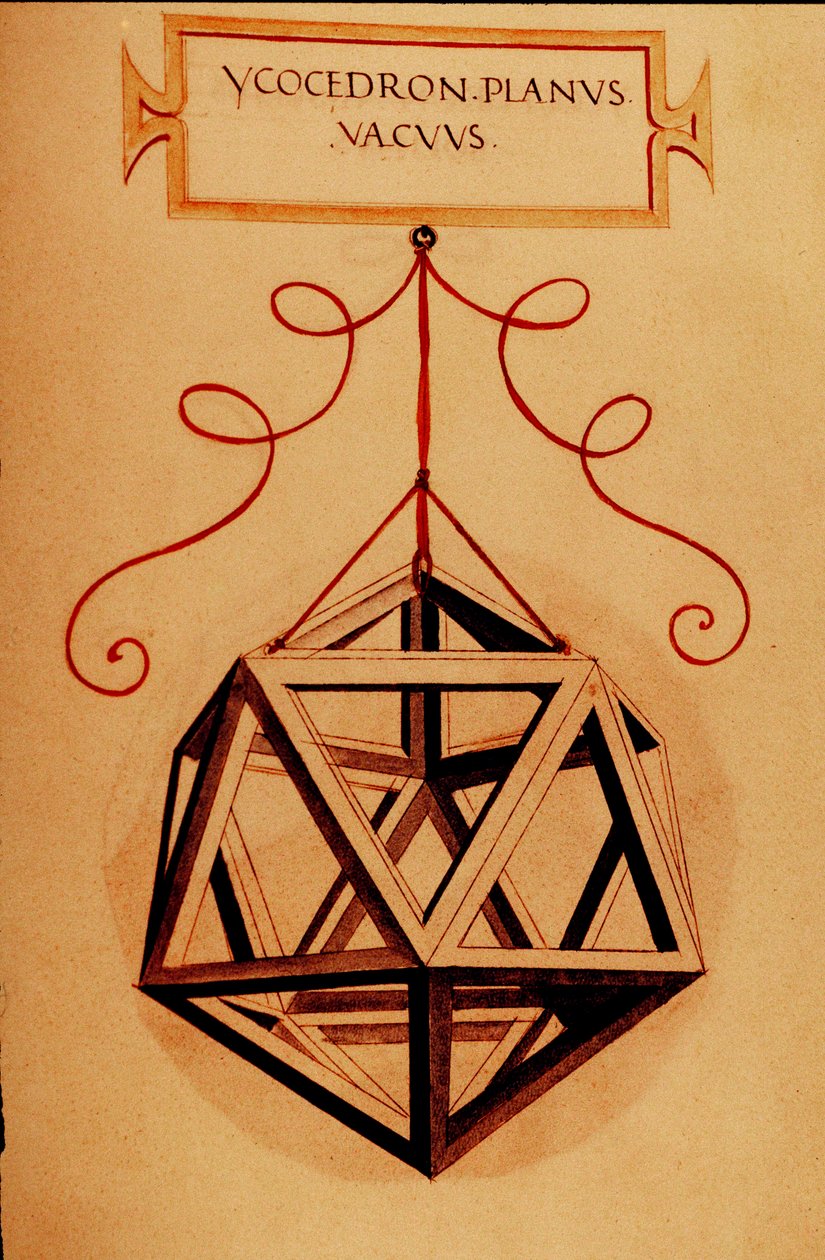 Geometri: "" An Icosahedron"" Side taget fra manuskriptet "" De divina proportione"" (Om guddommelige proportioner) af matematikeren Fra Luca Pacioli dit Luca di Borgo (1445-1517) illustreret af Leonardo da Vinci (1452-1519). 1509. af Leonardo da Vinci