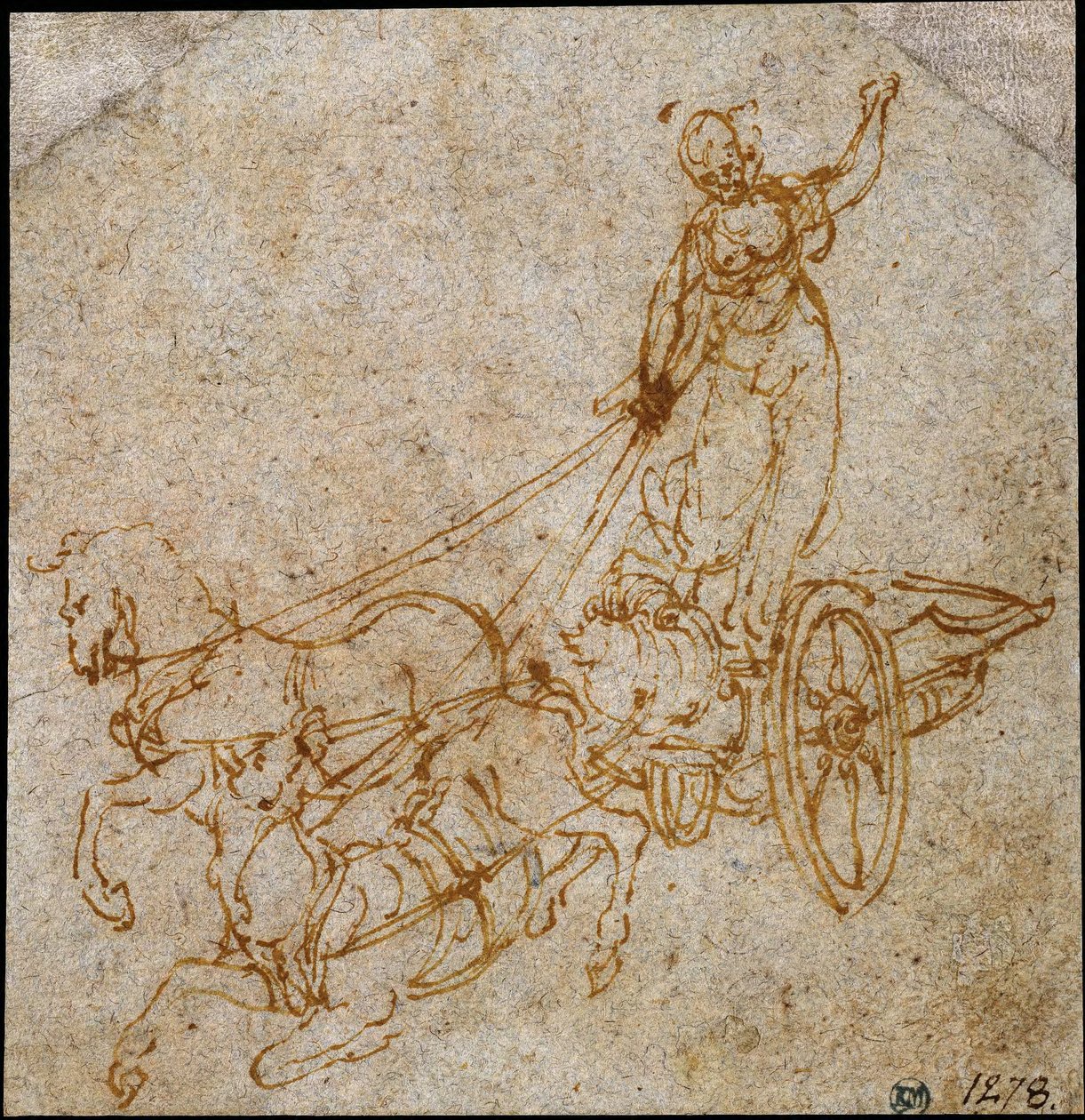 En gudinde, der står i en stridsvogn trukket af to heste, hvoraf den ene er ved at falde af Leonardo da Vinci