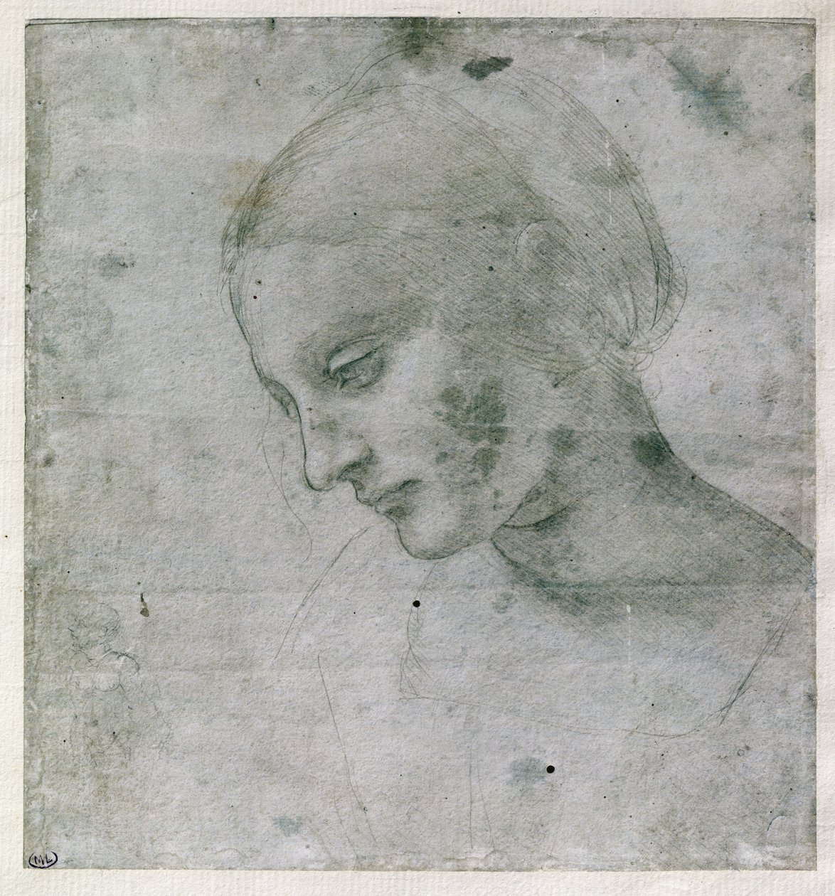 Hoved af en ung kvinde eller hoved af Jomfruen, ca. 1490 (sølvfarvet punktur på papir) af Leonardo da Vinci