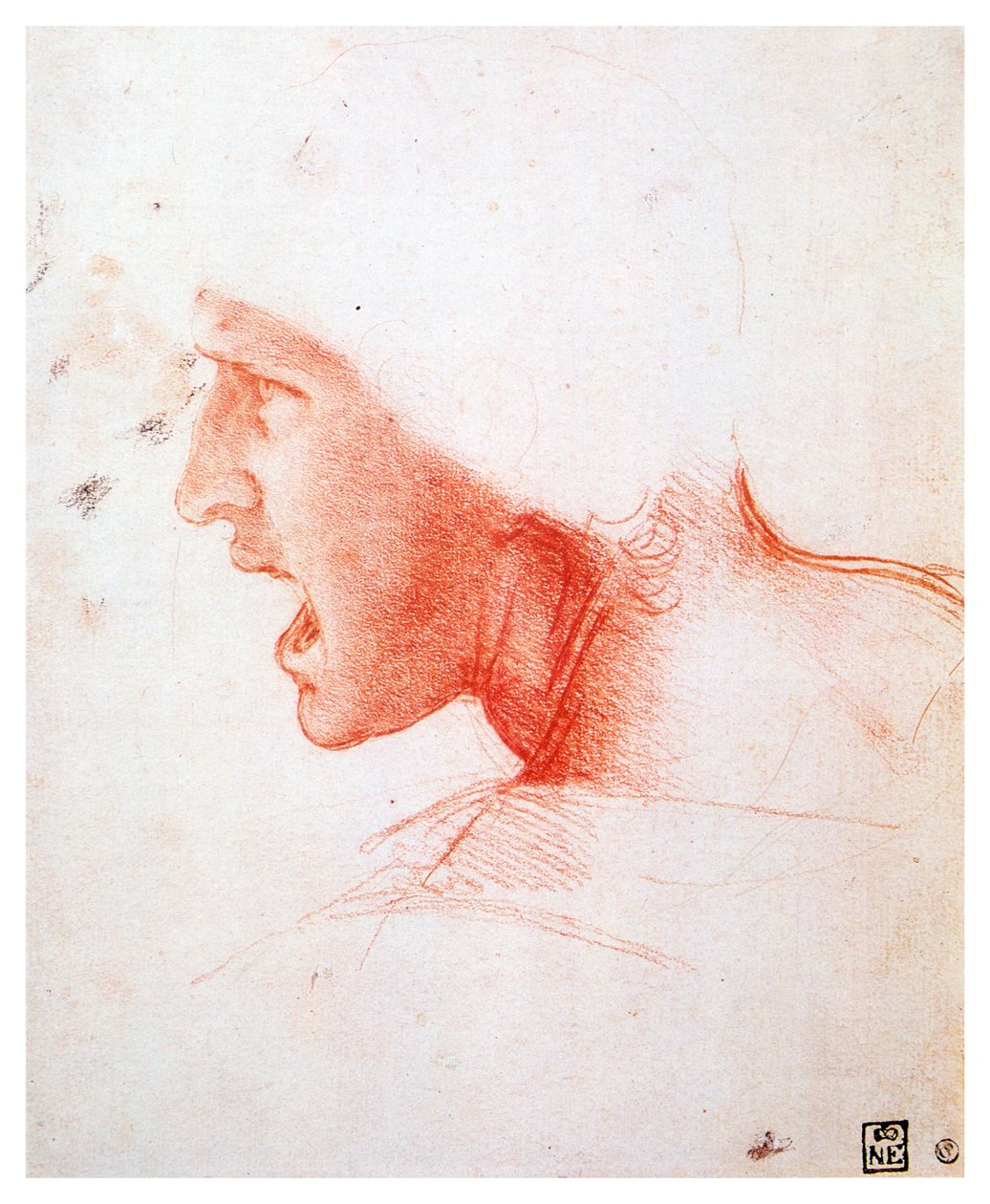Hovedet af en mand, der råber i profil til venstre, 1503-1504 af Leonardo da Vinci