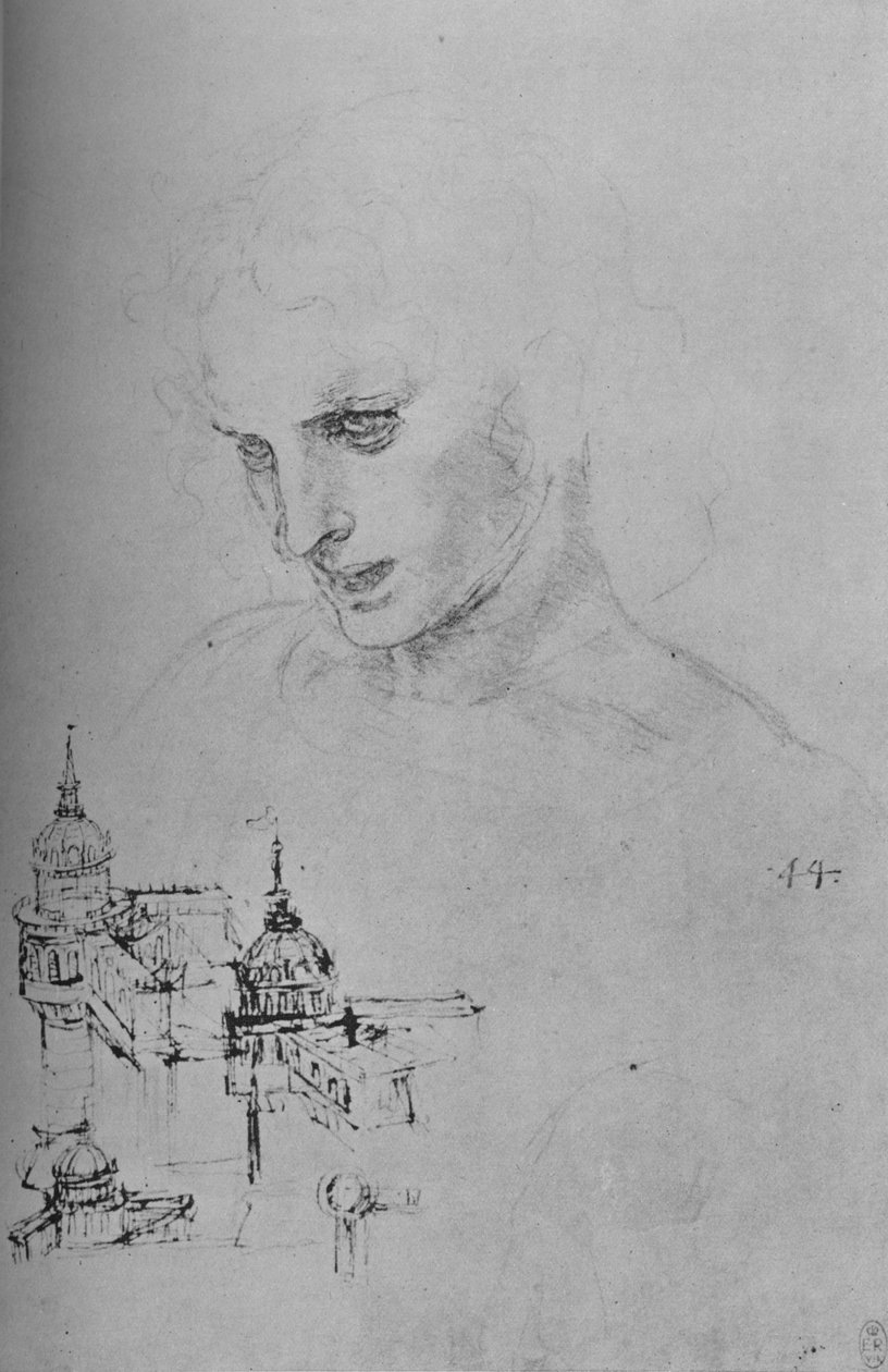 Leder af en apostel og studie af arkitektur, c1480 1945 af Leonardo da Vinci