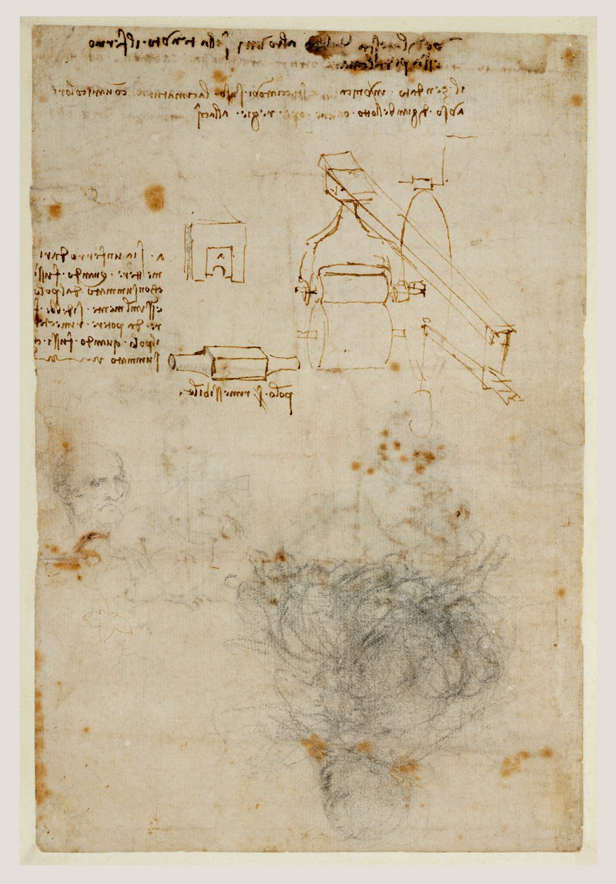 Head of an Old Man and Studies of Machinery, ca. 1503-06 (sort kridt, pen og brunt blæk) af Leonardo da Vinci