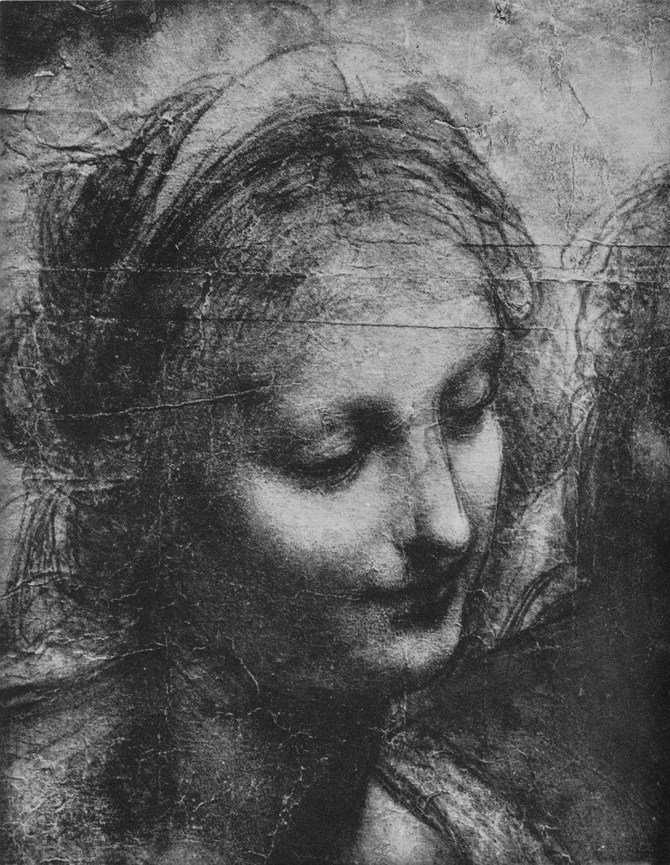 Jomfruens hoved - Jomfru og barn med St. Anne og spædbarnet St. John, c1480 1945 af Leonardo da Vinci