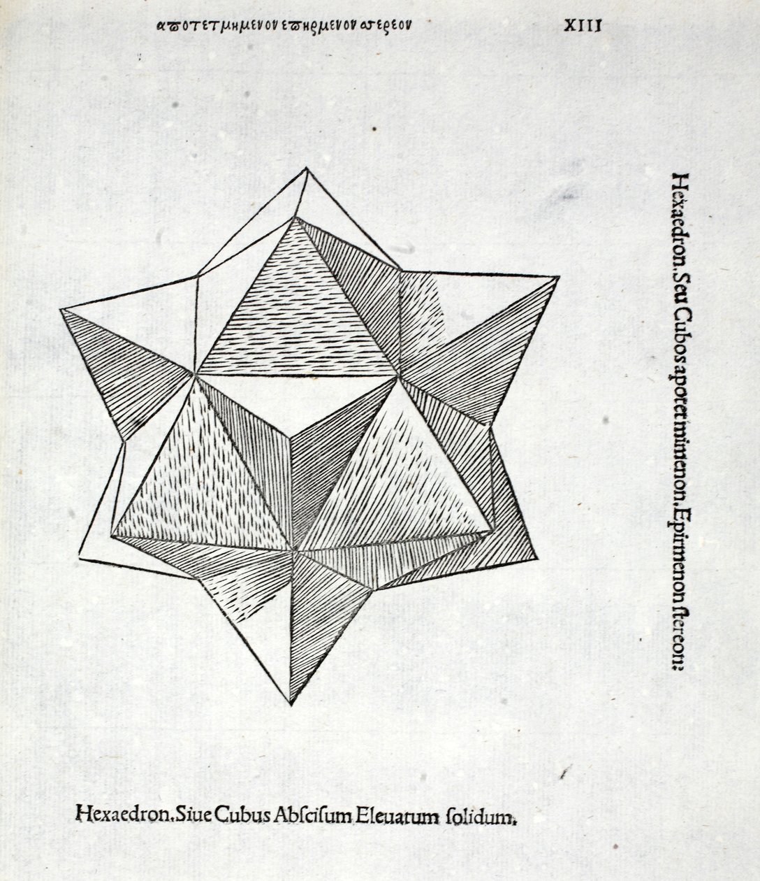 Hexaedron abscisum elevatum solidum, illustration fra "Divina Proportione" af Luca Pacioli (ca. 1445-1517), oprindeligt udgivet. Venedig, 1509 af Leonardo da Vinci