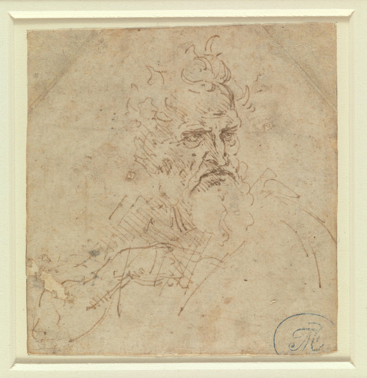 Hovedet af en gråhåret mand med et barsk udtryk og højre arm af Leonardo da Vinci