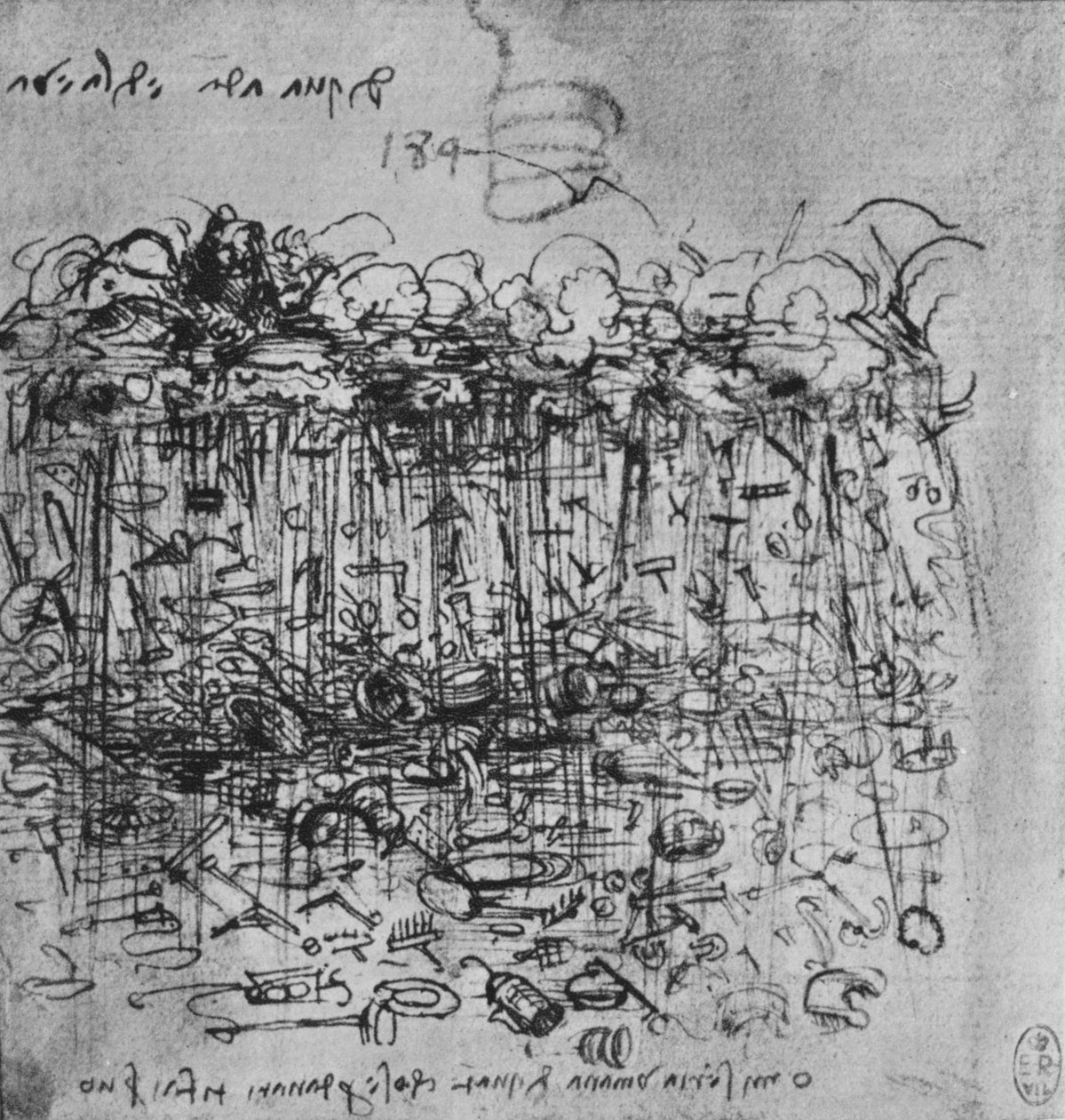 Redskaber regnede ned over jorden fra skyerne, c1480 1945 af Leonardo da Vinci
