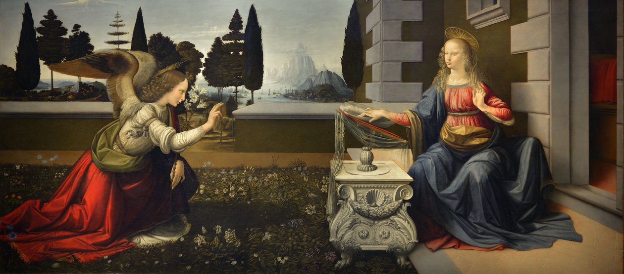 Italien Toscana Firenze, Uffizi-galleriet: Bebudelsen, Maleri af Leonardo da Vinci (1452-1519), Olie på træ, ca. 1472-1475, 98x217 cm af Leonardo da Vinci