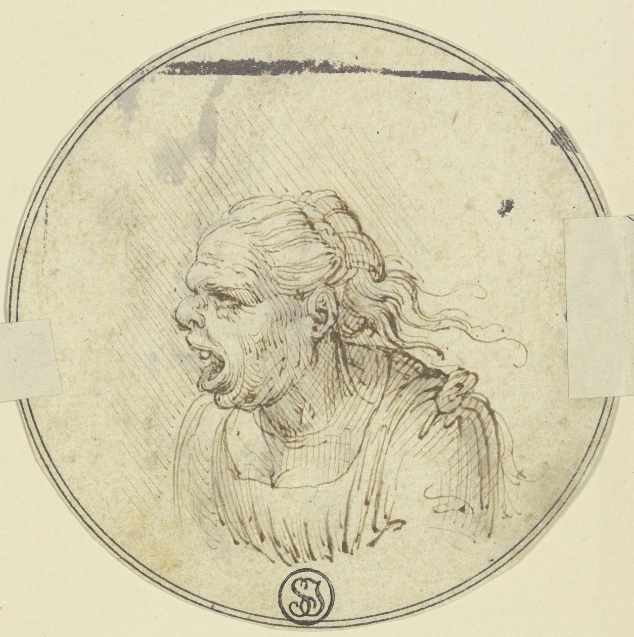 Karikatur af en kvinde med åben mund, brystbillede, set i profil mod venstre af Leonardo da Vinci