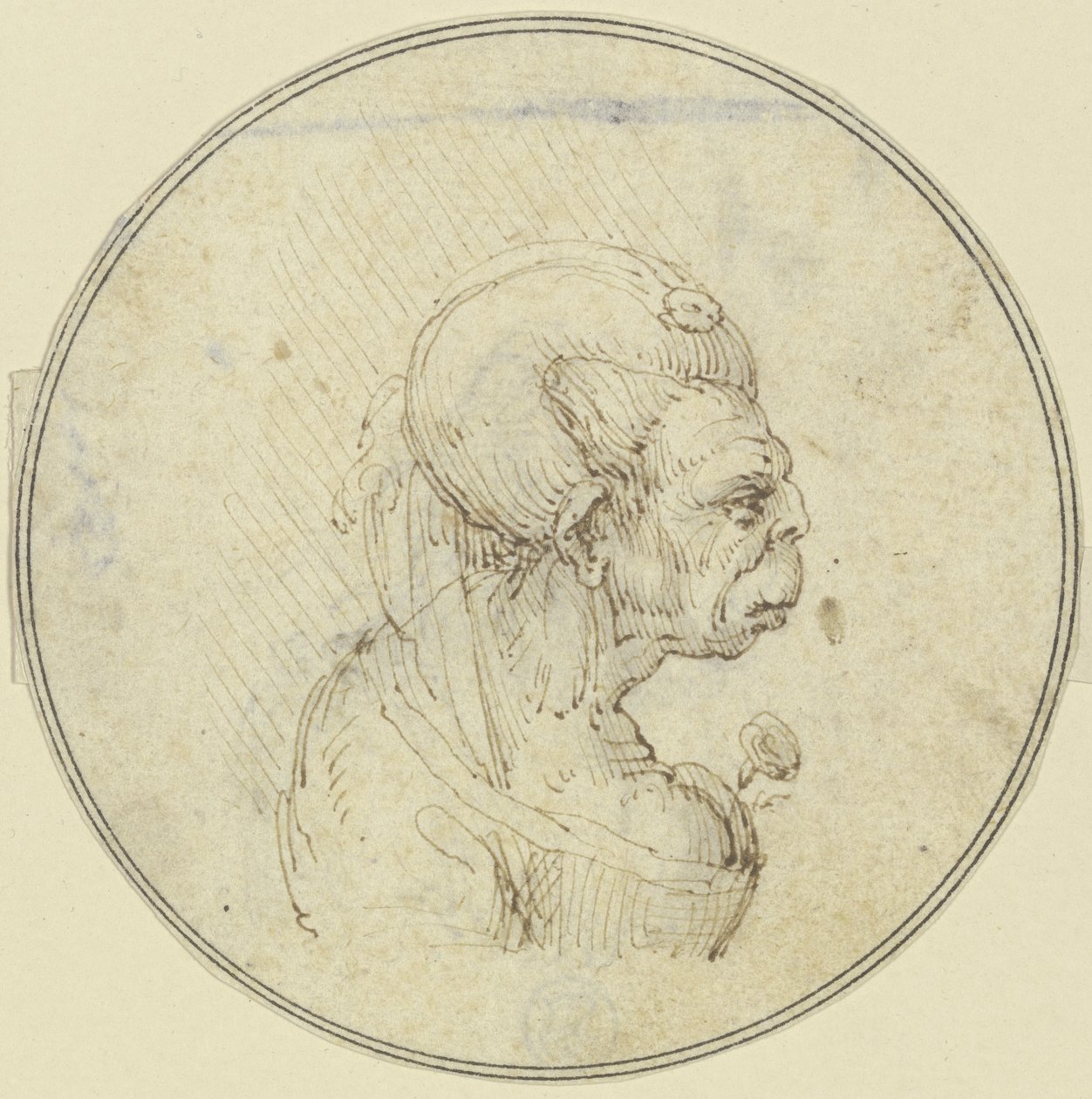 Karikatur af en ældre kvinde, brystbillede med en rose i brystet, set i profil mod højre af Leonardo da Vinci