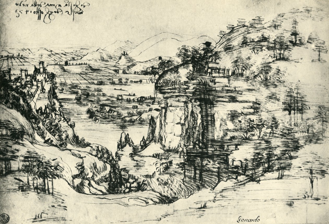 Landskabstegning for Santa Maria della Neve den 5. august 1473, 1943. af Leonardo da Vinci