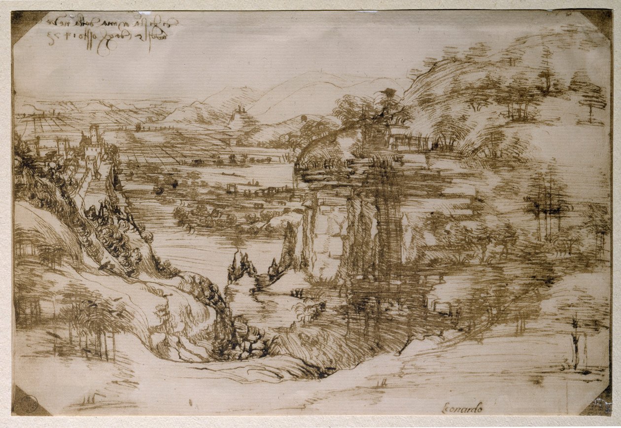 Landskab af Santa Maria della Neve: landskabet i Arno-dalen (blyantstegning af Leonardo da Vinci