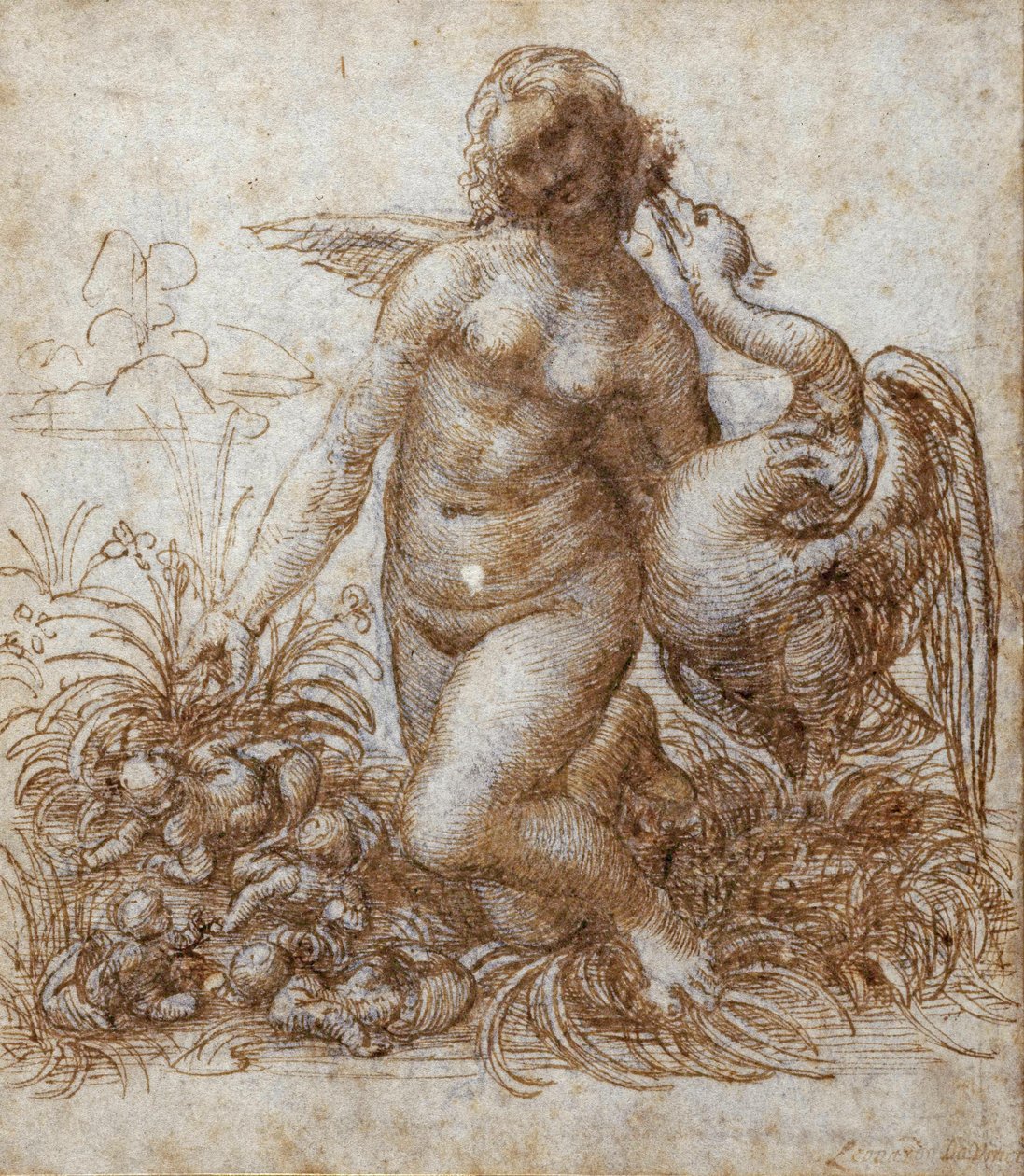 Leda og svanen (pen og brunt blæk over sort kridt på papir) af Leonardo da Vinci
