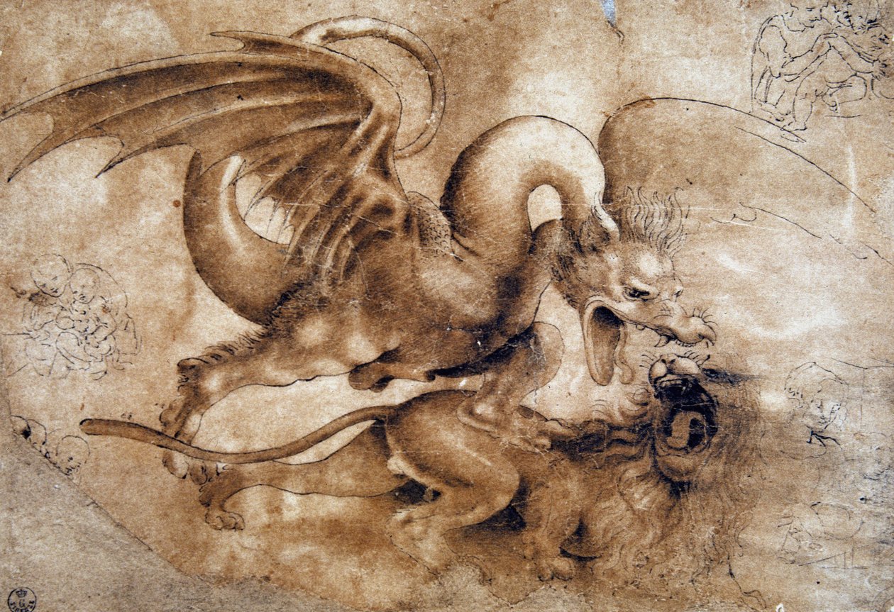 Leonardo da Vinci (Leonardo da Vinci) (1452 - 1519): Kamp mellem en løve og en drage, GDSU 435 E (Imagine) af Leonardo da Vinci