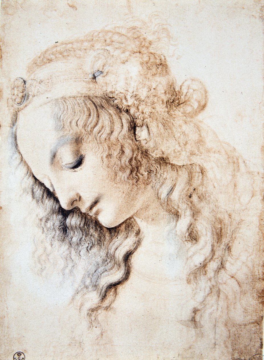 Leonardo da Vinci (Leonardo da Vinci) (1452 - 1519): Portræt af en pige med lukkede øjne og hovedet nedad med håret prydet med et bånd beriget med smykker (Immagina) af Leonardo da Vinci
