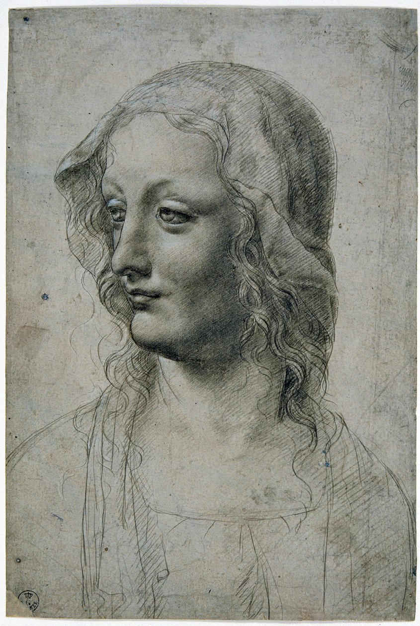 Maestro della Pala Sforzesca (milanesisk elev af Leonardo da Vinci), kvindeligt hoved med slør måske et studie for Jomfruen, GDSU 426 E af Leonardo da Vinci