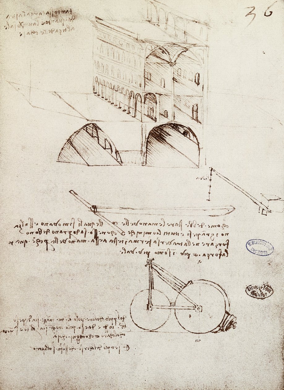Manuskript B, f 36 r Arkitektstudier, udvikling og dele af bygninger i by med hævede gader (pen og blæk på papir) af Leonardo da Vinci