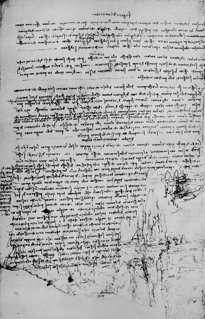 Side med tekst med skitser af landskab, c1480 1945 af Leonardo da Vinci