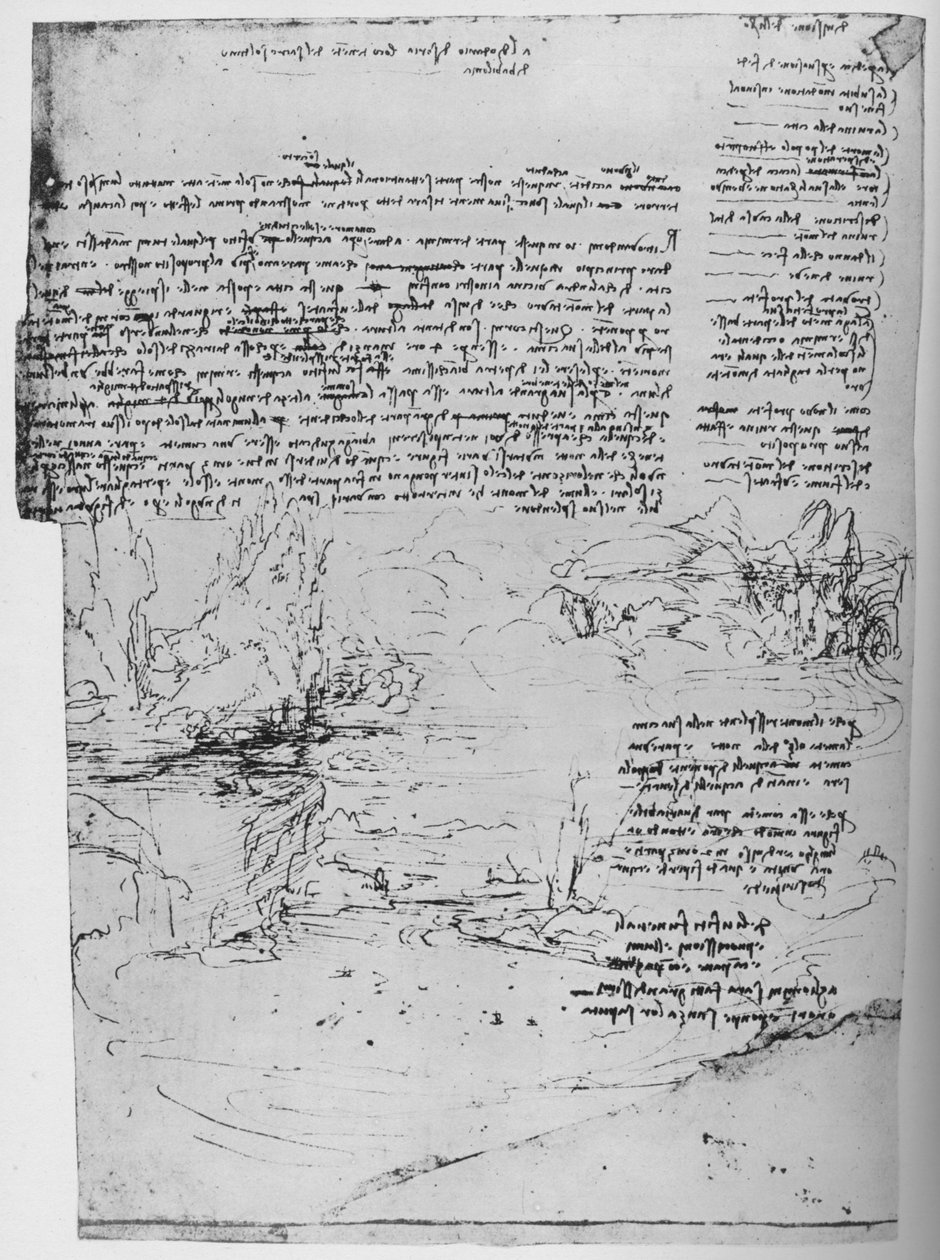 Side med tekst med skitser af landskab, c1480 1945 af Leonardo da Vinci