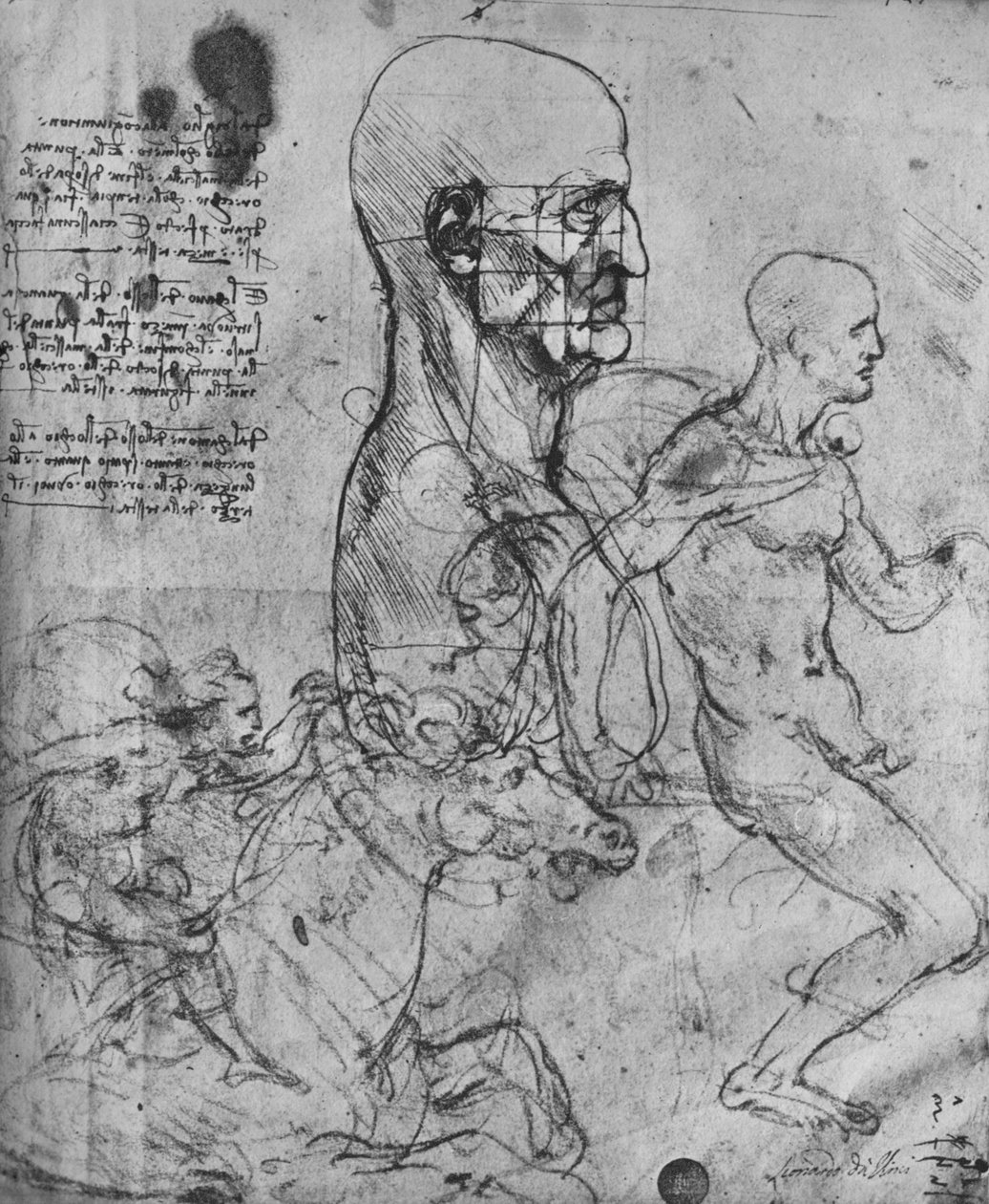 Profil af en mand i kvadrat for proportion og studier af ryttere, c1480 1945 af Leonardo da Vinci
