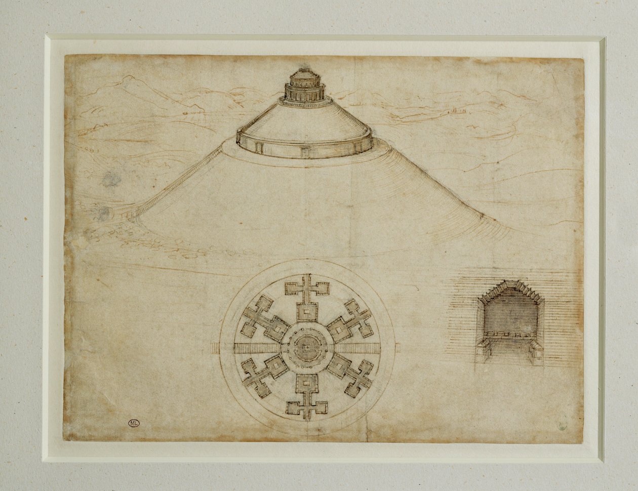 Projekt for en central plan grav; elevation ... af Leonardo da Vinci