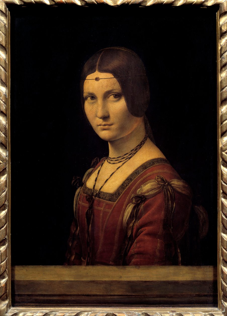 Riratto di dama. Portræt af en dame fra hoffet i Milano, der fejlagtigt sagde "" det smukke jernværk""". Maleri af Leonardo da Vinci (Leonardo da Vinci) (1452-1519) 15. århundrede søn. 0,63x0,45m. - Riratto di dama. Portræt af en hofdame i Milano, w af Leonardo da Vinci