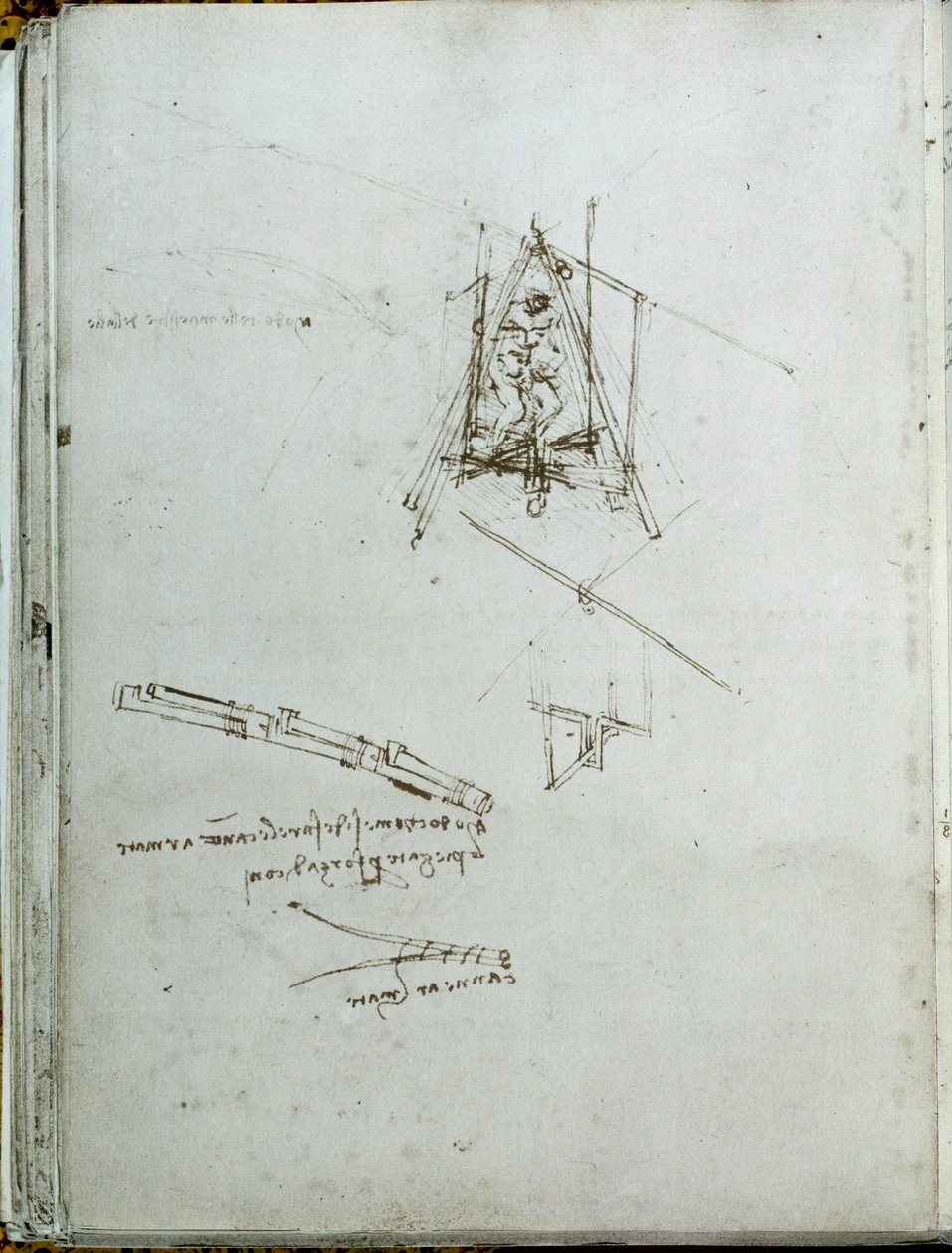 Videnskab og teknologi: manuskript om flyvende maskiner, helikopter-forfader. Bogen af Leonardo da Vinci (Leonardo da Vinci) (1452-1519). Omkring 1487. Paris, Institut de Frances bibliotek af Leonardo da Vinci