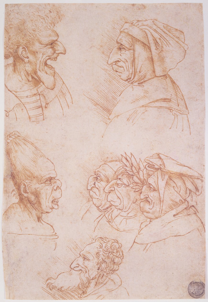 Syv studier af groteske ansigter (rødt kridt på papir) af Leonardo da Vinci